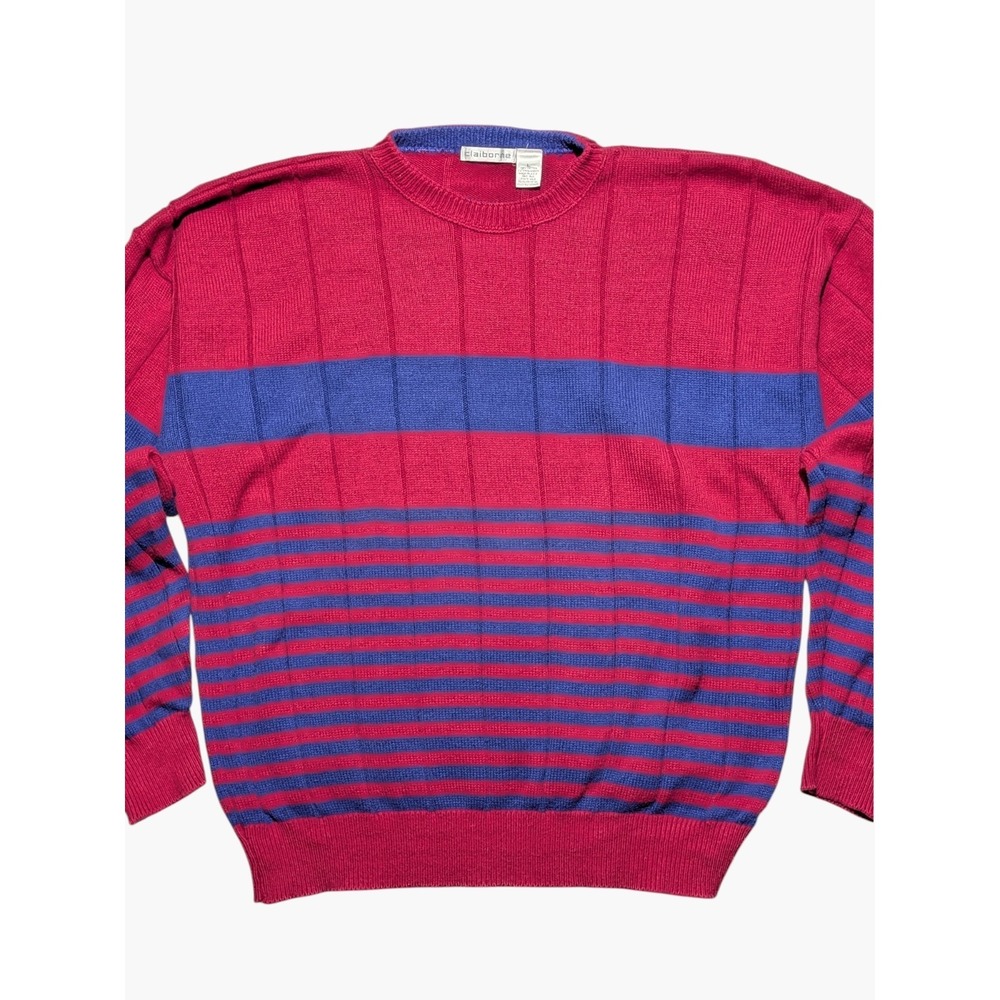 Vintage Claiborne Ribbed Cotton Sweater L Made USA Red Blue Striped Crewneck